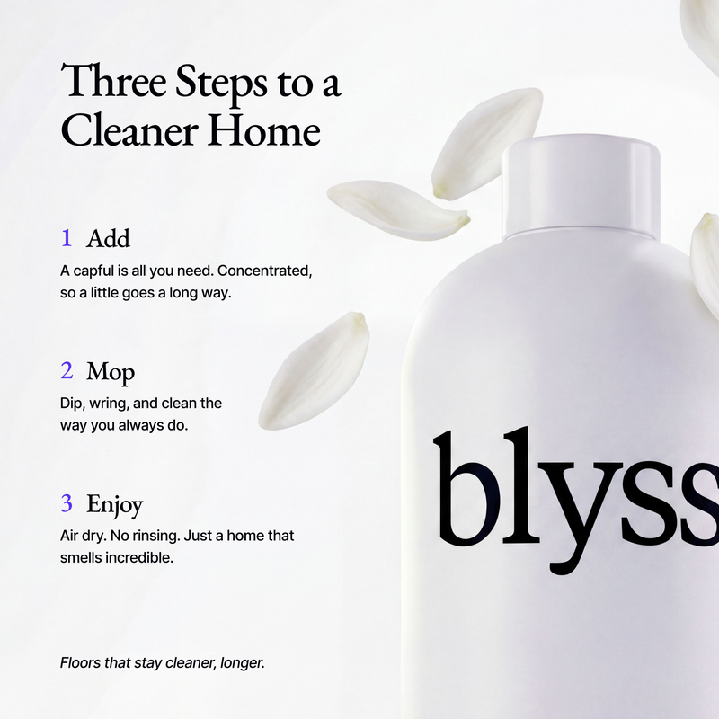 Blyss Mop Soap instructions: add, mop, enjoy
