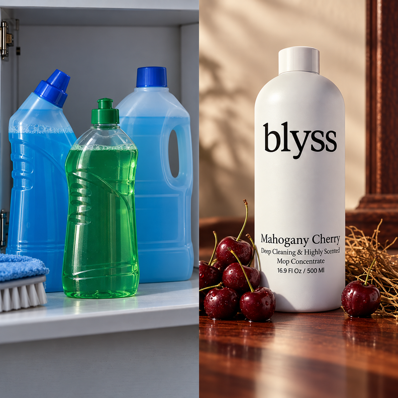 Ordinary cleaner bottles beside a luxury fragrance scene with Blyss Mahogany Cherry