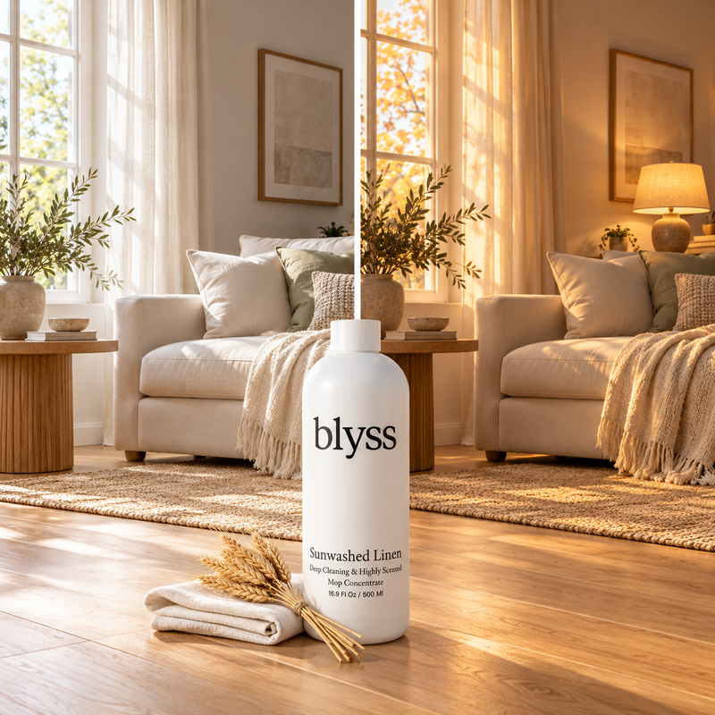 Blyss Sunwashed Linen in a living room shown in morning and late afternoon light