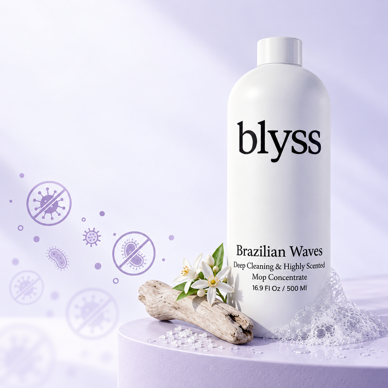 Blyss Brazilian Waves with illustrated germ symbols on a lavender background